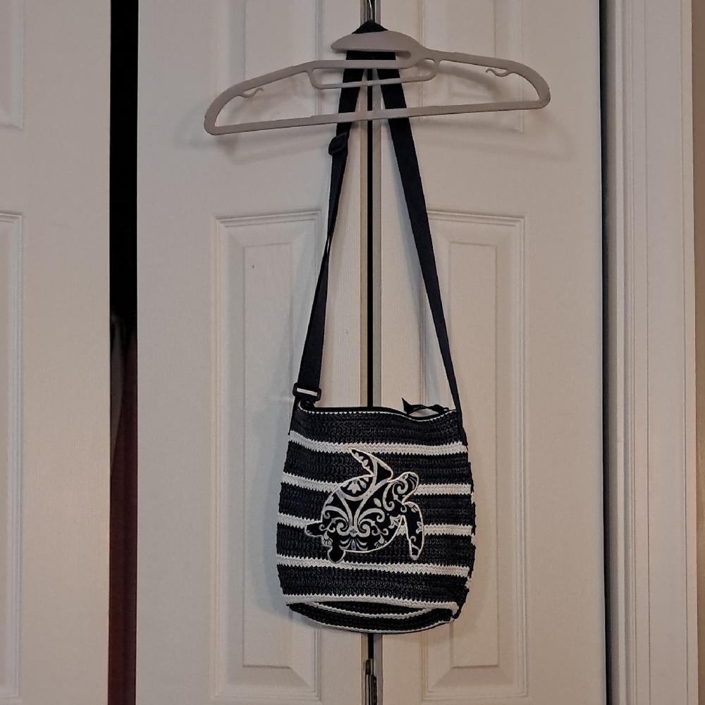 Vera Bradley Striped Navy and White Crossbody Bag with Turtle Embroidery